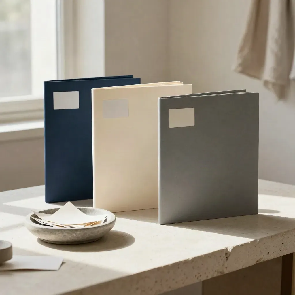 Three concept folders and paper swatches on a stone plinth in soft daylight.
