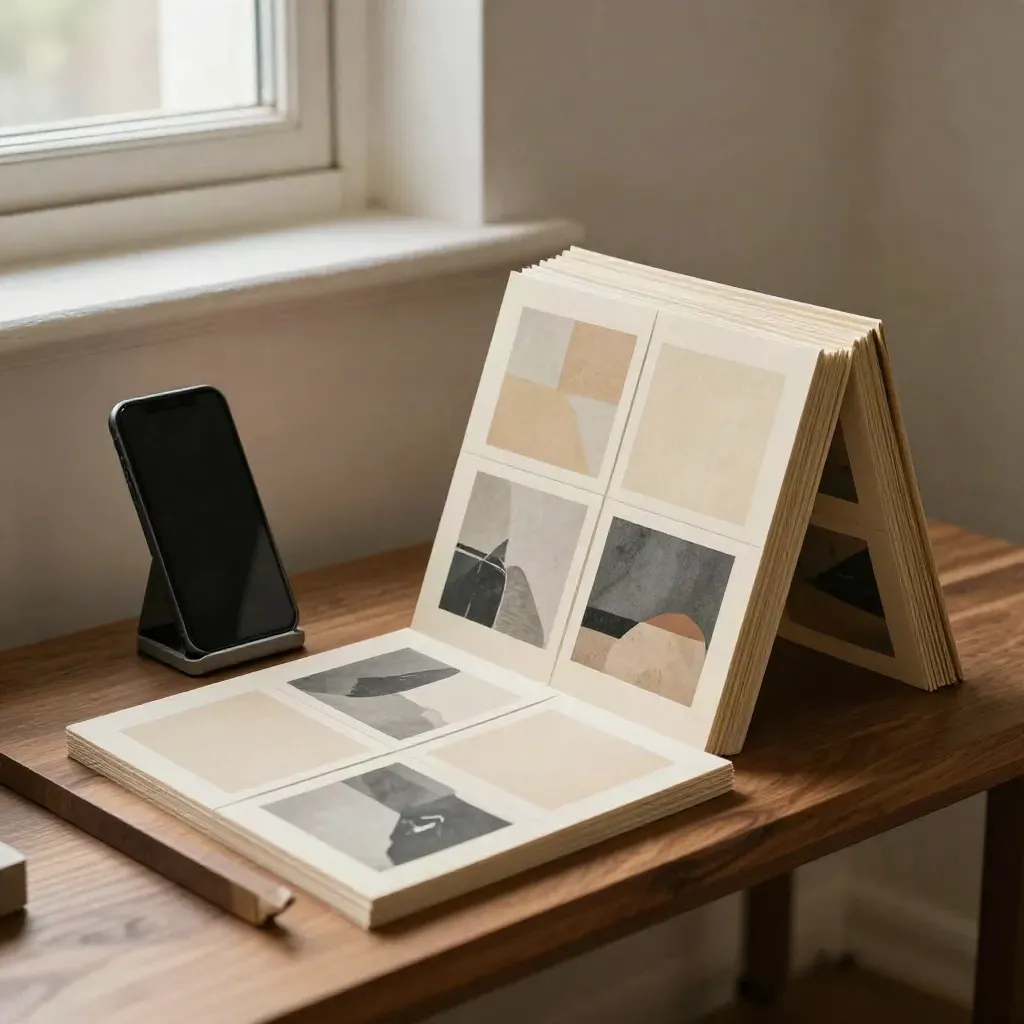 Nine campaign tiles, phone stand, and image stack on a walnut studio ledge in warm window light.