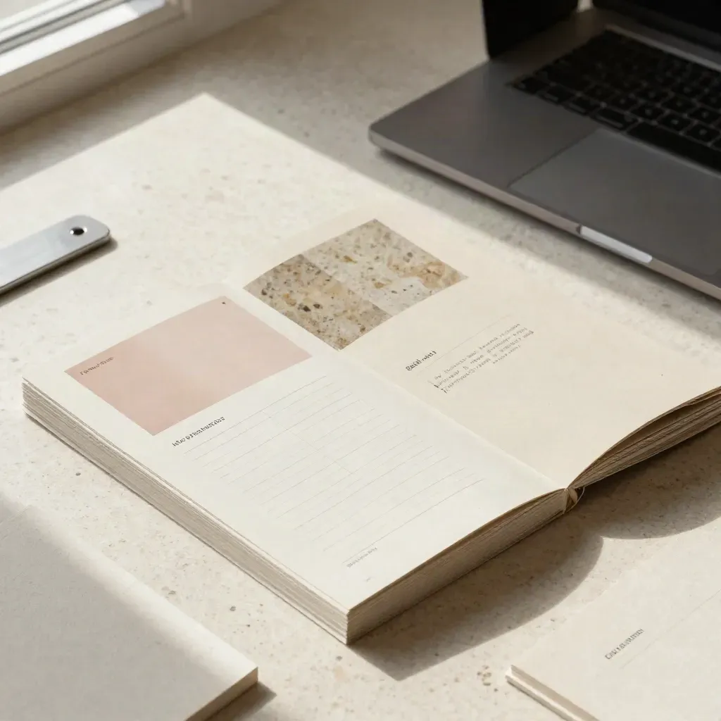 Top-down website mockup blocks, folded laptop, and face-down copy cards on travertine