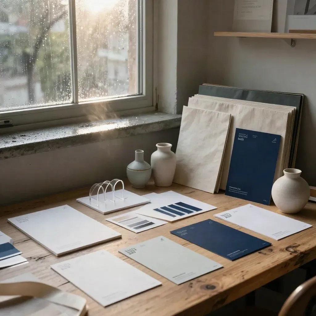 Rain-lit creative studio table with identity boards, swatches, monogram shapes and folders