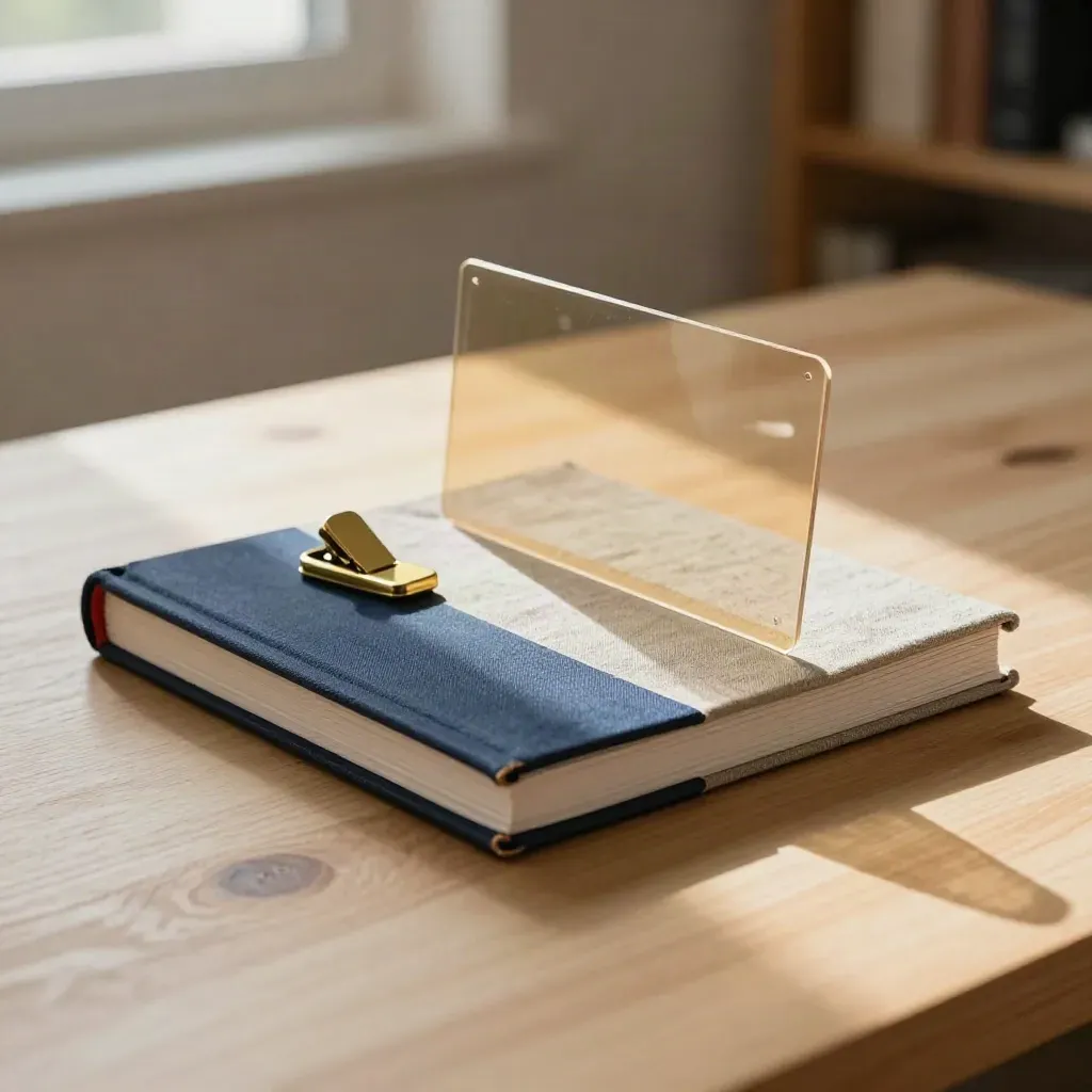 Linen investor deck, brass clicker and acetate divider on pale oak in moody studio light.