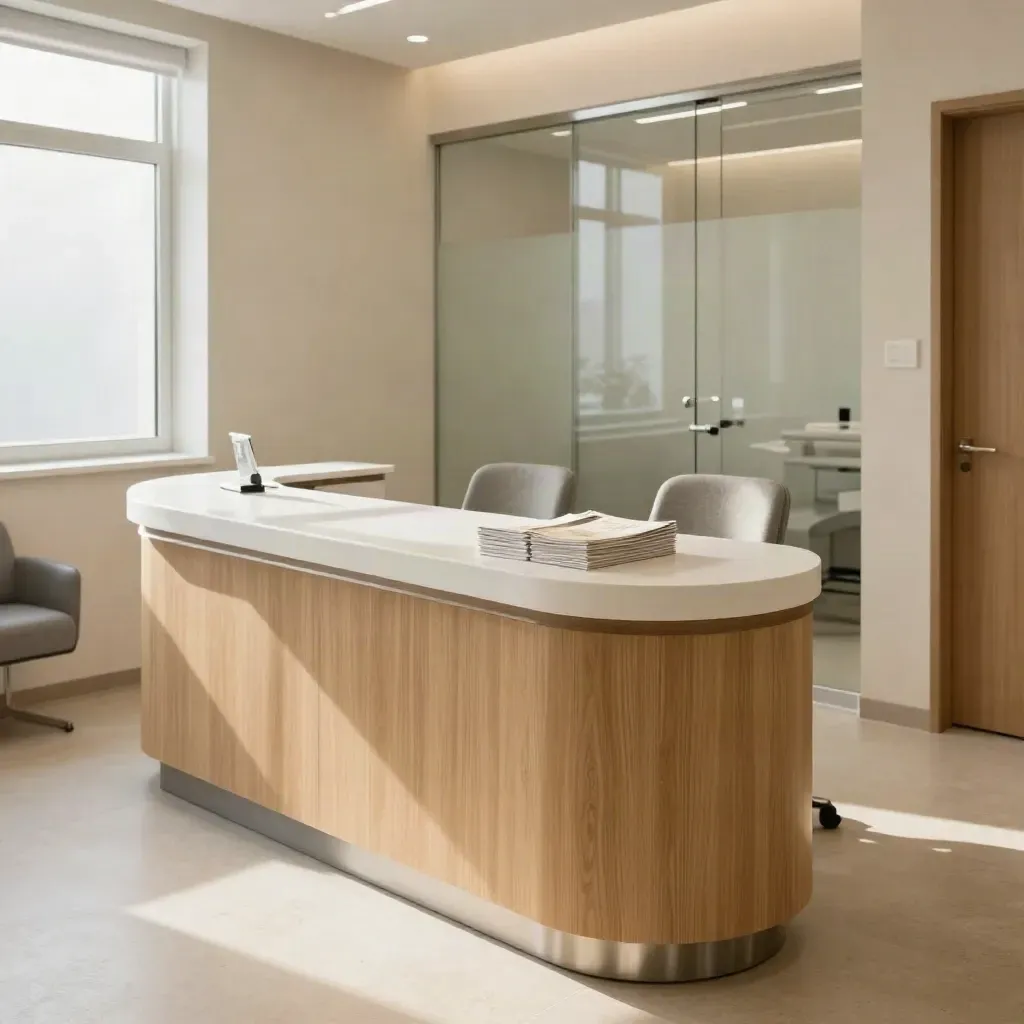 Empty dental reception with curved white counter, soft chairs, brochure stack, and treatment room beyond.