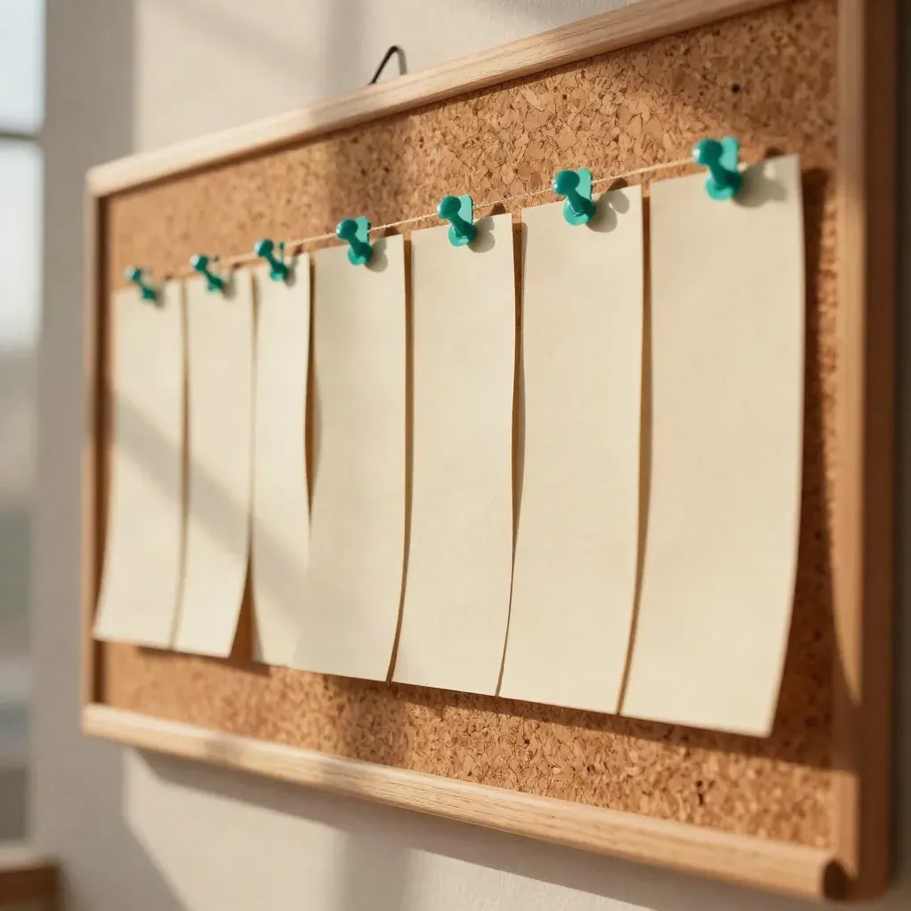 Cork board with blank topic cards, teal tabs, and a thread planning grid in warm light.