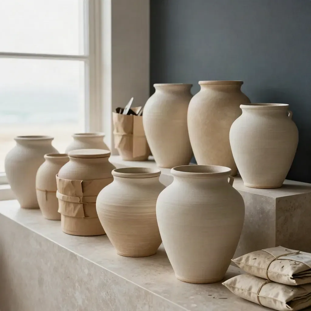Stoneware jars and kraft wraps on a boutique shelf with salt-haze light.