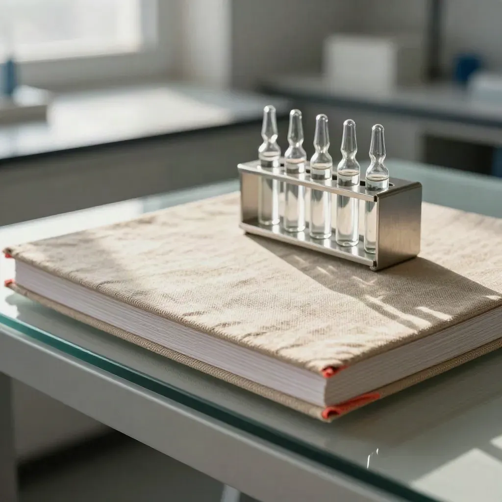Macro of a linen folio, vial rack, and coral-edged pitch boards on glass shelf.