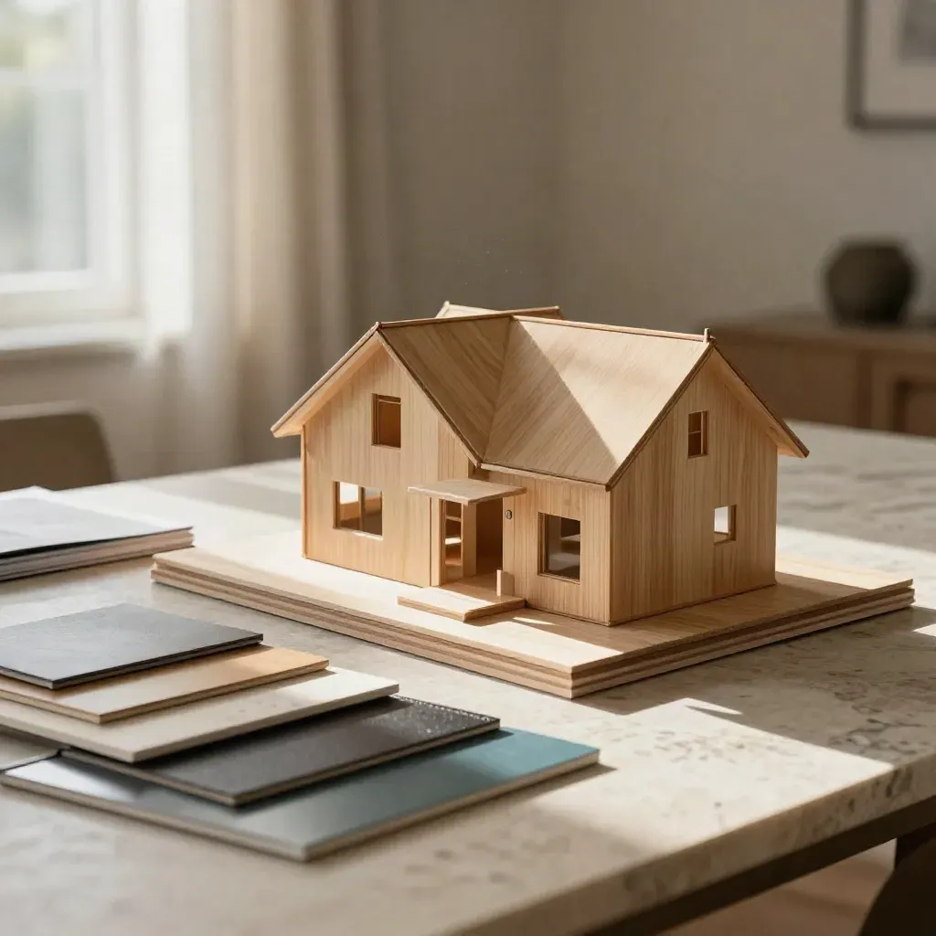 Limestone table with timber house model, material boards, and a closed folio in soft daylight.