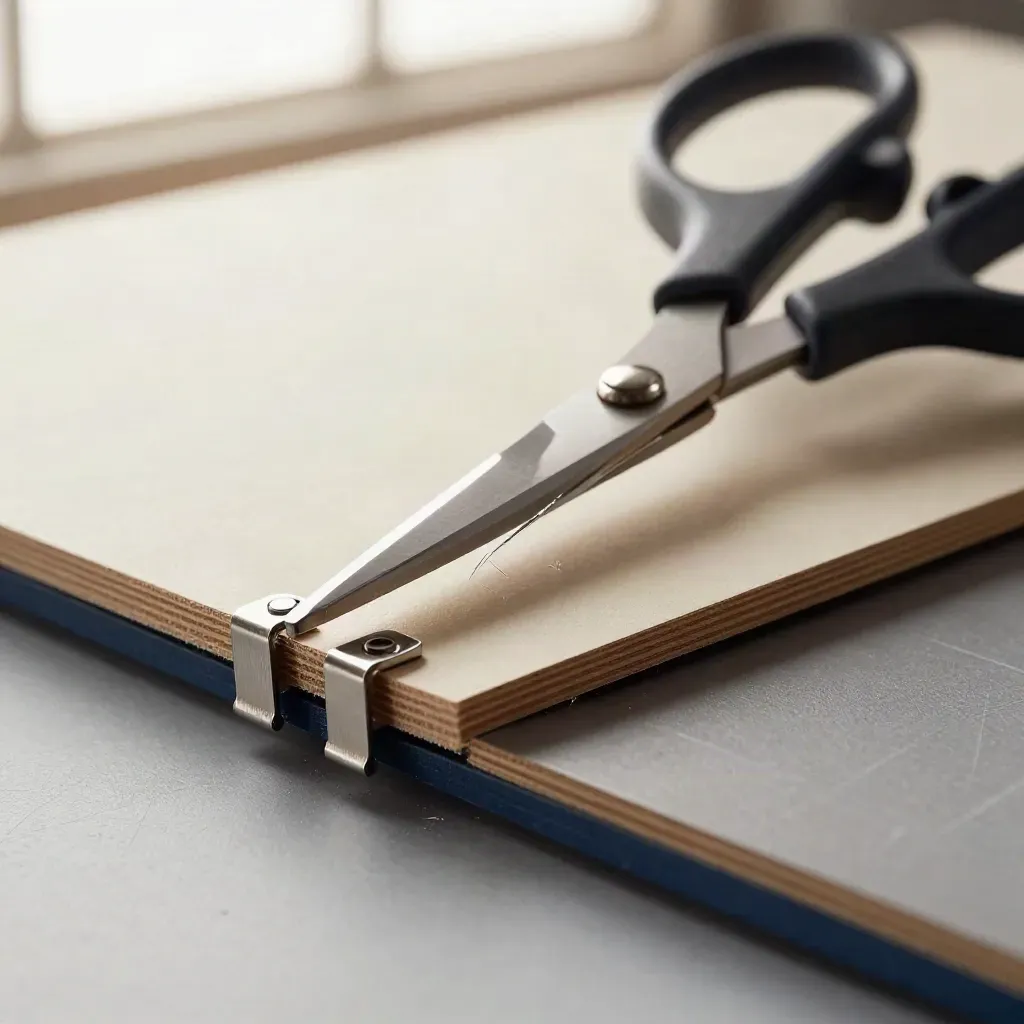 Macro of scissors, mount board and metal clips on a work surface, lit by hard directional light.