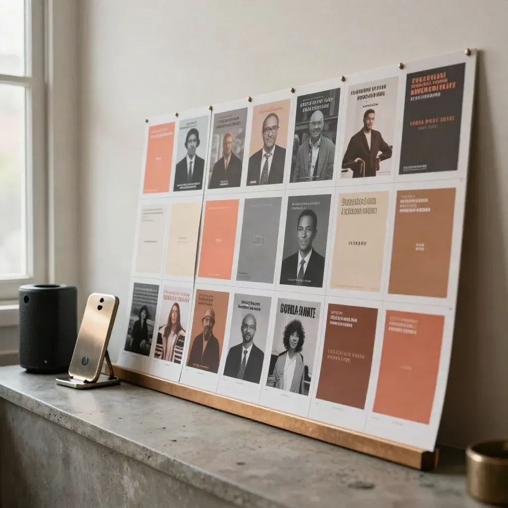 Square campaign prints, phone stand, speaker and swatches on a studio wall ledge under dramatic light.