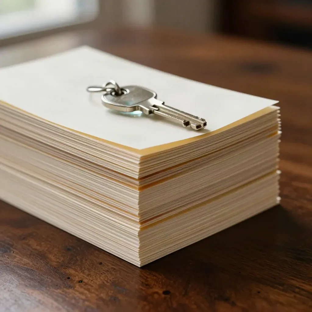 Ivory research cards, translucent tabs and glass weight on a walnut desk