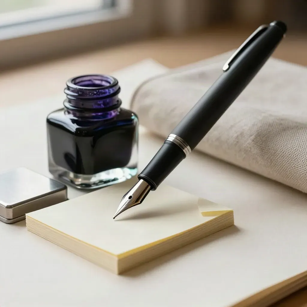 Macro still life of a fountain pen, ink bottle and folded note cards on a pale writing slope.