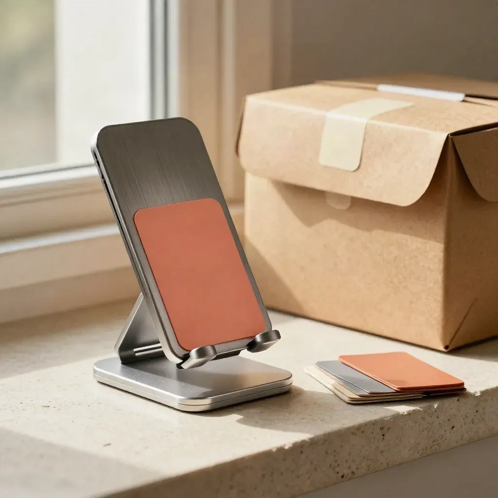 Macro still life of a launch kit with phone stand, color chips, and sealed mailer box on stone.