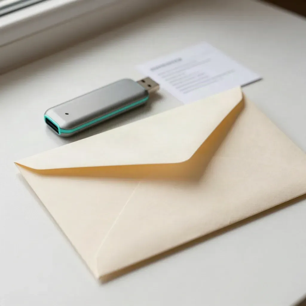 Archival envelope, matte USB case and face-down instruction card on pale plaster with teal accent.
