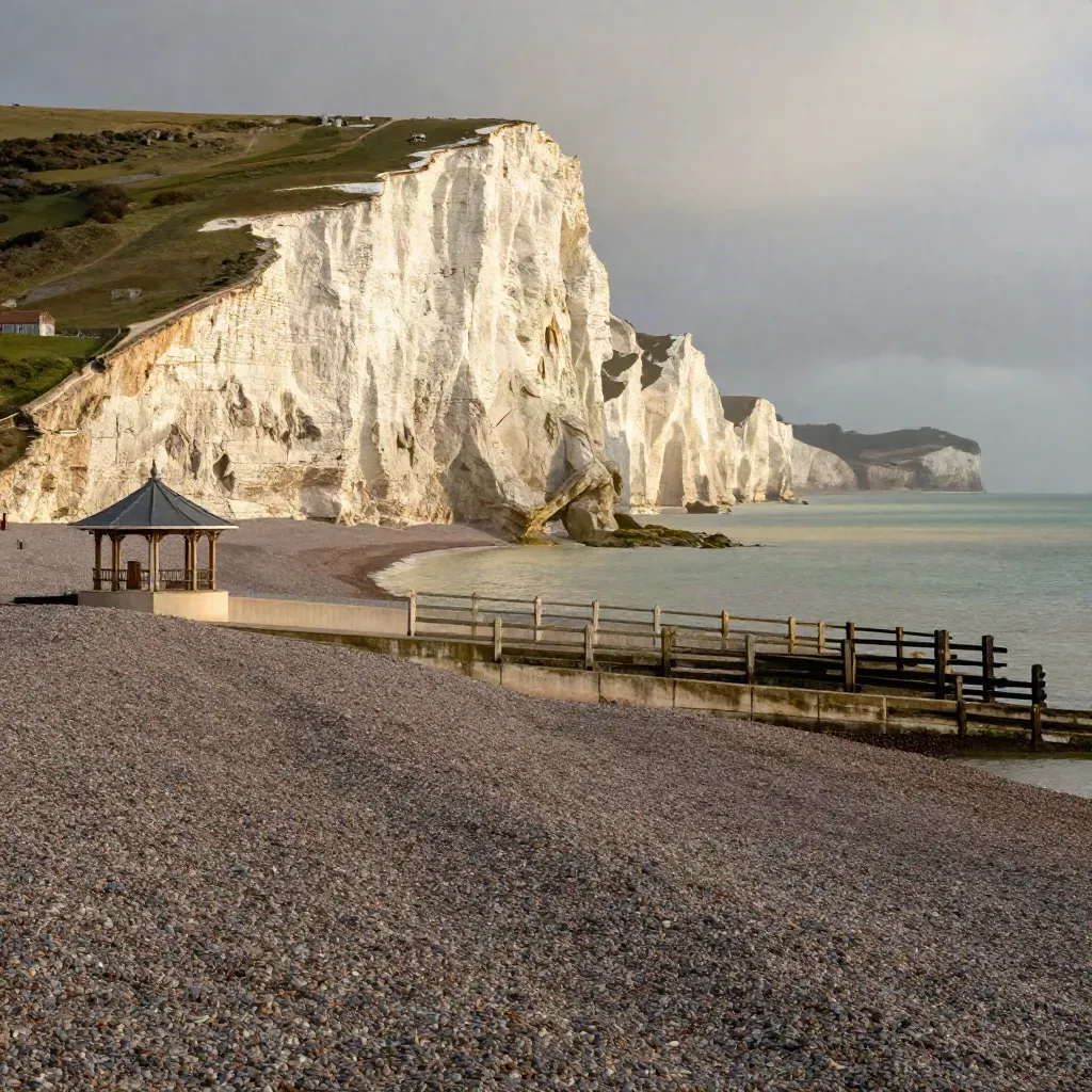 Brighton chalk cliffs above shingle at golden hour with salt haze and sea spray