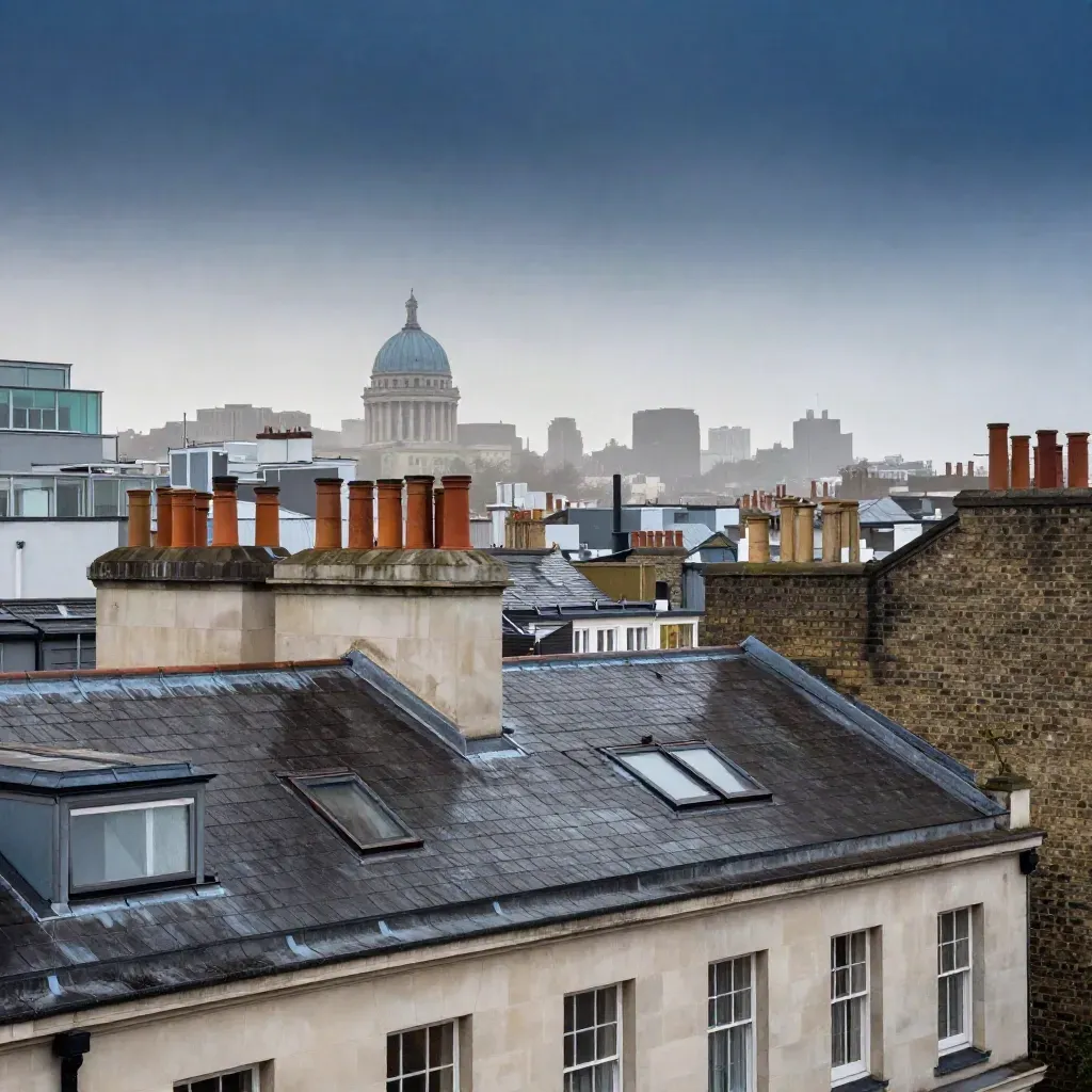 Rain-cleared London rooftops at dawn with chimneys, slate planes, mist, and a distant dome