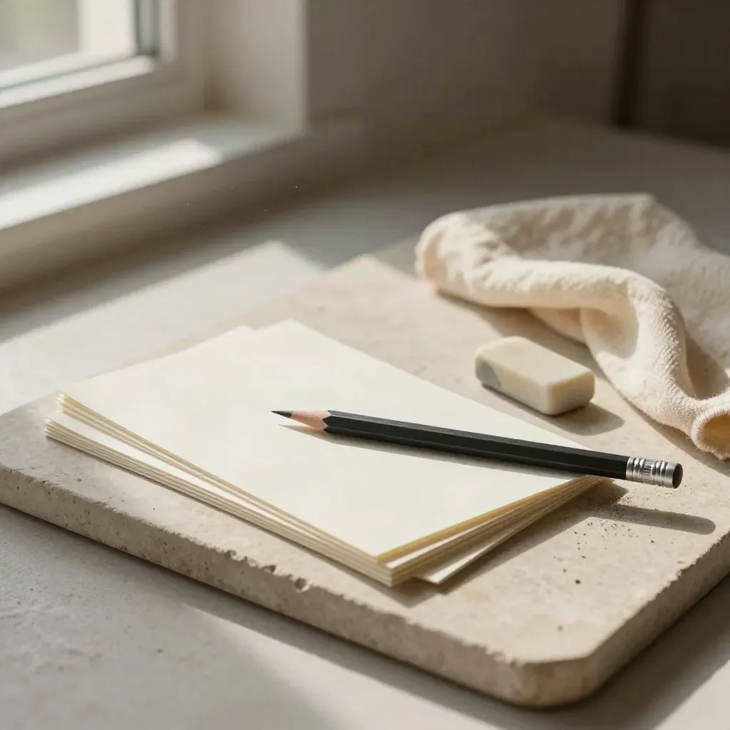 Blank concept cards, pencil, eraser dust and linen on a stone tray in soft light