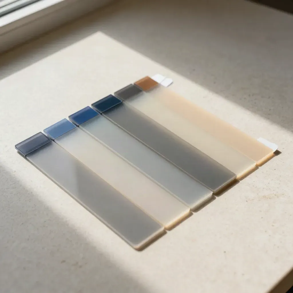 Overhead flat lay of acetate overlays, coloured tabs, and a clipped revision packet on stone.