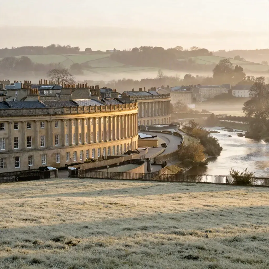 Bath terraces above a misty river vale at sunrise, with open grassy foreground.