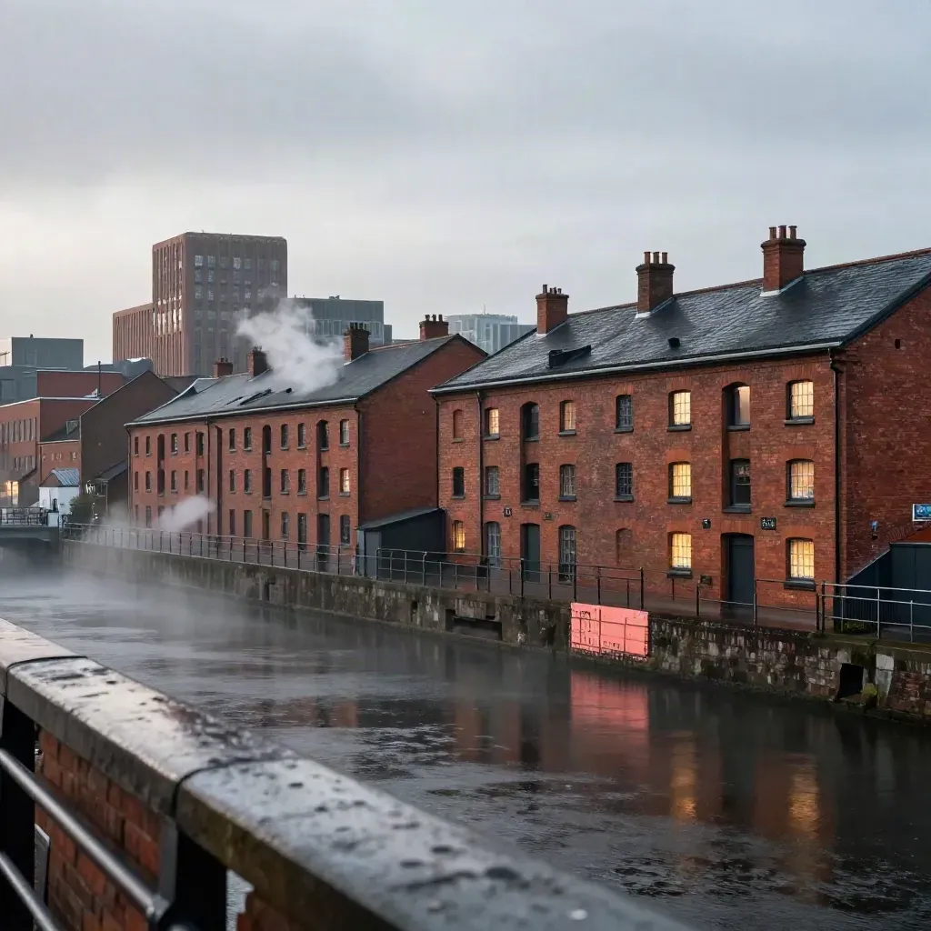 Manchester warehouse skyline over a wet canal at blue hour, with mist, brick, and calm reflections