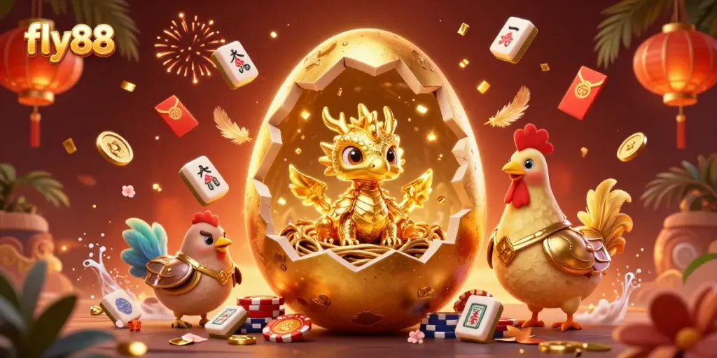 Experience the excitement of fly88 with this vibrant 3D casino-themed illustration featuring a golden egg and quirky dragon.
