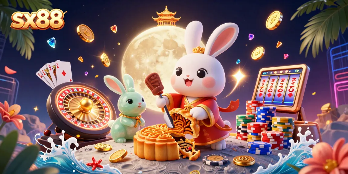 Experience thrilling gameplay at sx88 with vibrant casino-themed 3D illustration showcasing lunar characters.