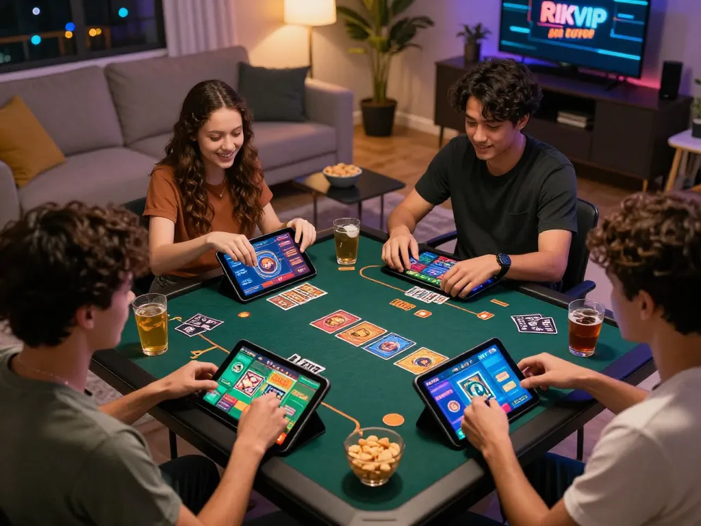Exciting group gaming night featuring RIKVIP card games on digital devices.