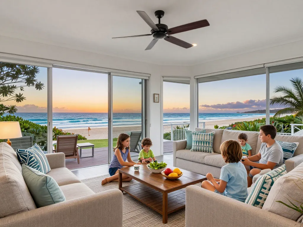Stunning beachfront property showcasing airbnb management gold coast with a welcoming atmosphere and family enjoying quality time.