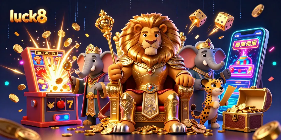 Experience the excitement of luck8 with a dynamic casino scene featuring a lion king and rich game elements.