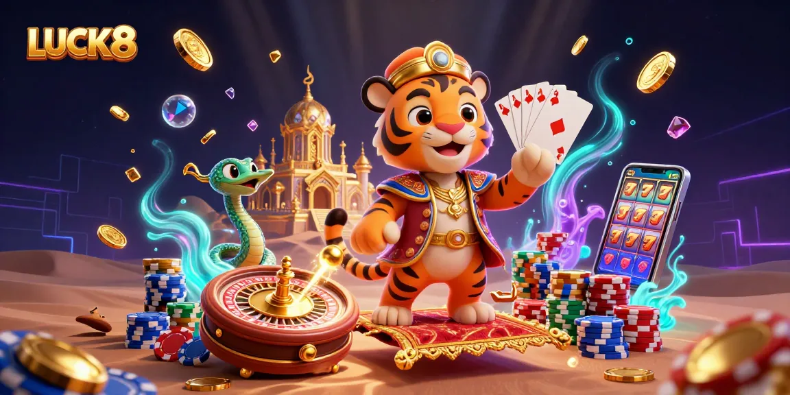 Experience winning moments with LUCK8 in this vibrant casino-themed illustration featuring a regal tiger sultan.