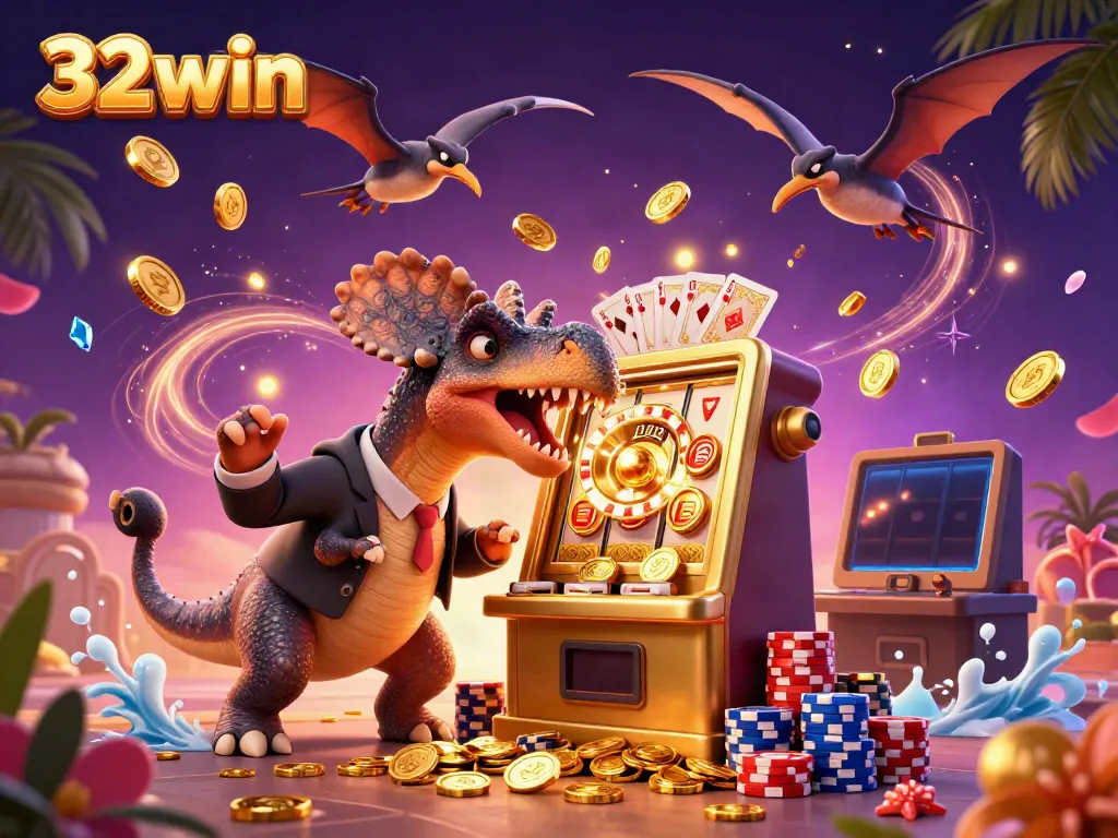 Experience the thrill of 32win as a pachycephalosaurus triggers a jackpot from a golden slot machine amidst a vibrant casino scene.