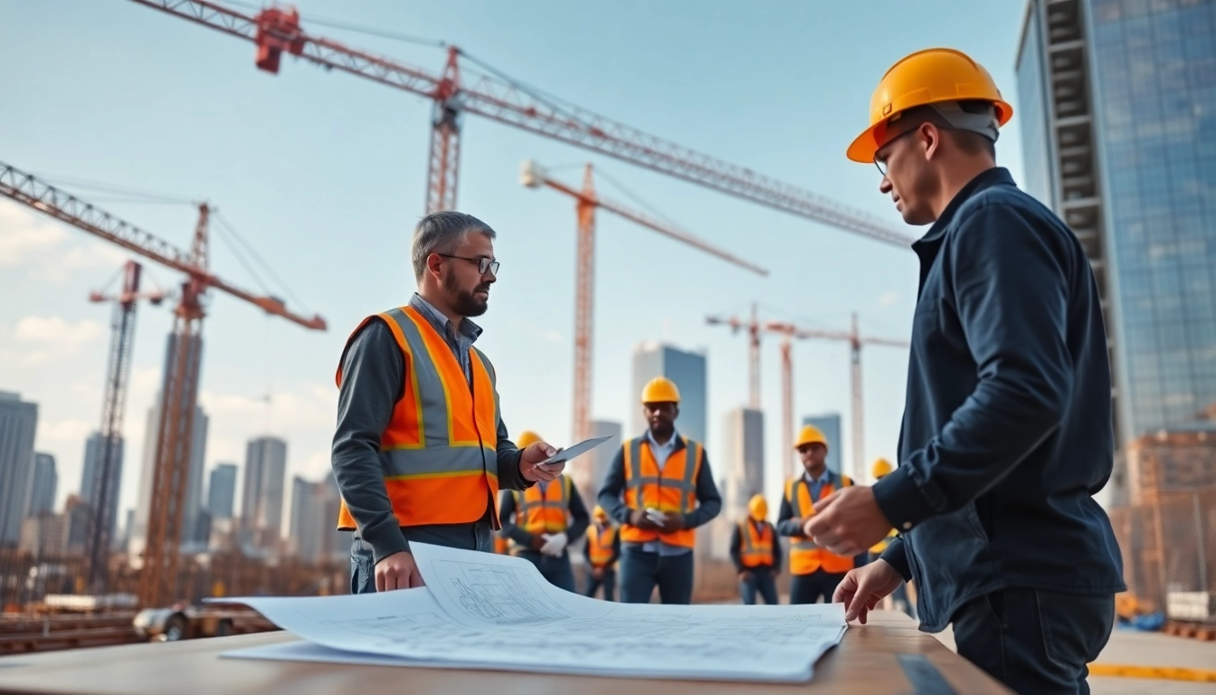 New York Construction Manager directing a bustling construction site with blueprints and a diverse team.