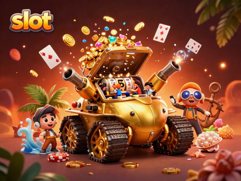Mengguncang slot jackpot dengan tank kasino 3D bercorak emas di antara koin emas dan permainan kartu