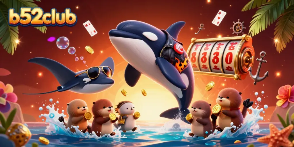 Join the exhilarating adventure at b52club with vibrant slot reels, as the orca and friends celebrate winnings!