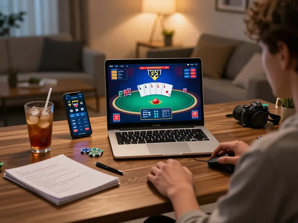 Player immersed in F168 online poker session at home, showcasing engaging gameplay and strategic setup.