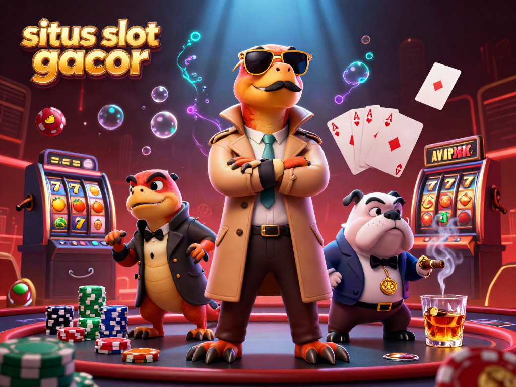 Experience the thrill at situs slot gacor with colorful slot reels, raptors in disguise, and more in a captivating casino scene.