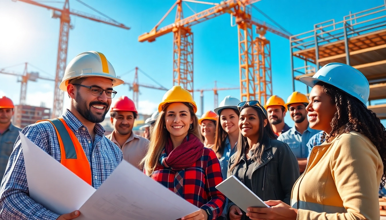Engaging construction career professionals collaborating on a project at a vibrant construction site.