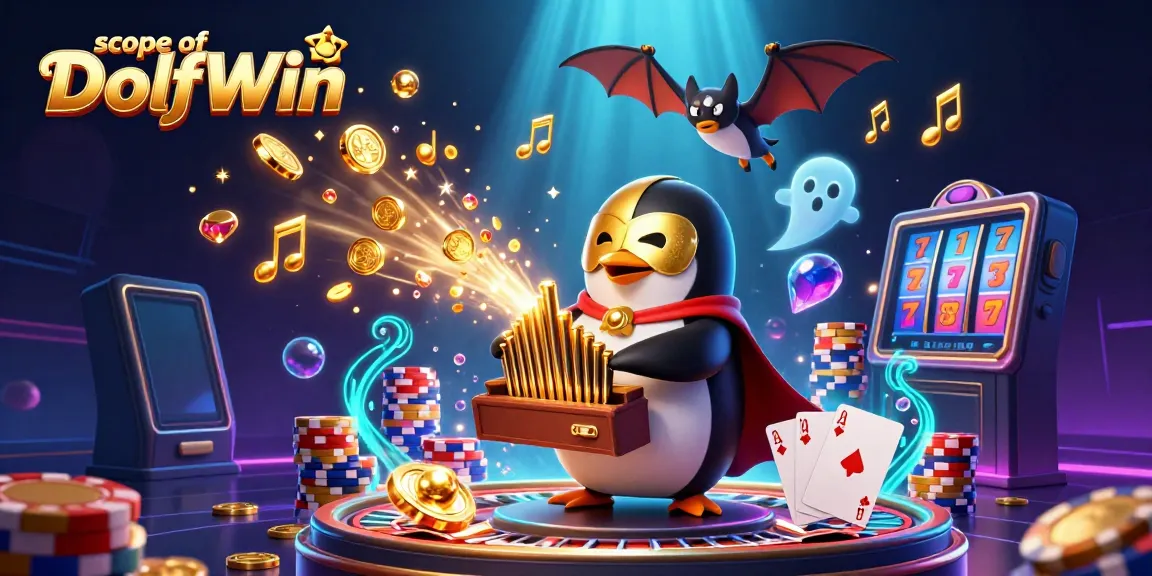 Experience the dynamic scope of DolfWin with a penguin organist and acrobat amid golden coins.