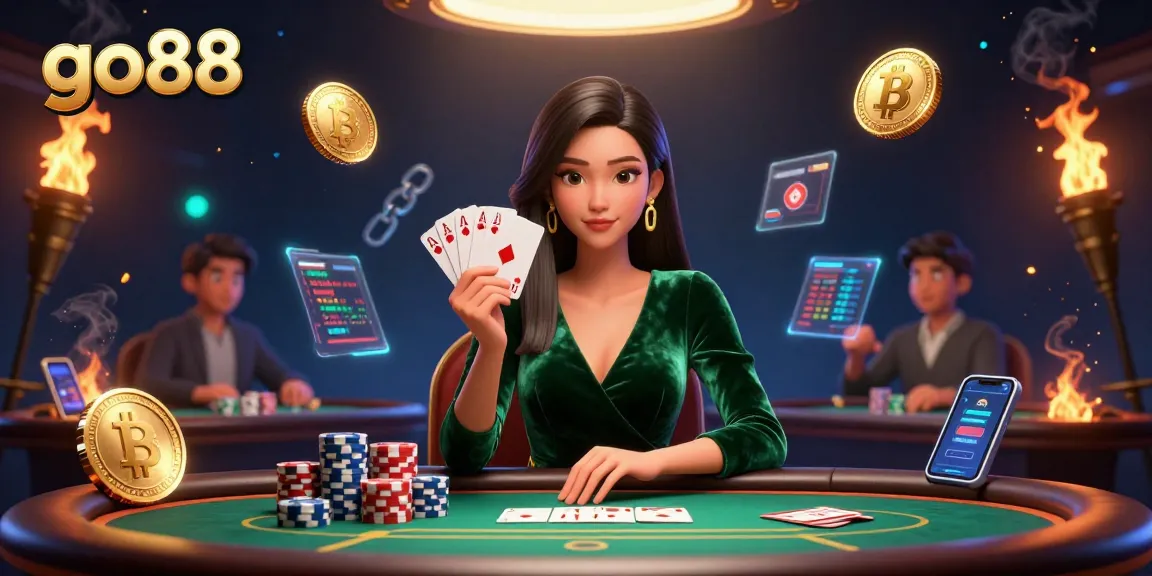 Play poker at go88 with a stunning Asian woman surrounded by neon crypto elements for an immersive experience.
