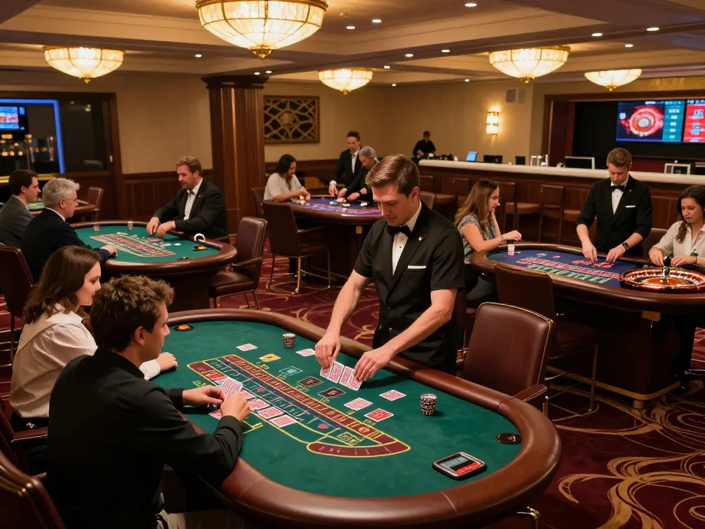 KONG88 players enjoying an exciting blackjack game at a vibrant casino floor.