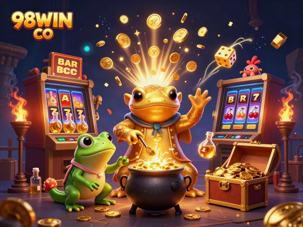 Engage with 98WIN CO at a casino scene featuring magical gold creation and exciting jackpots.