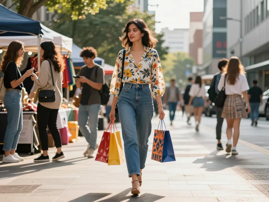 Fashionable woman in sunwin outfit shopping in vibrant urban street.