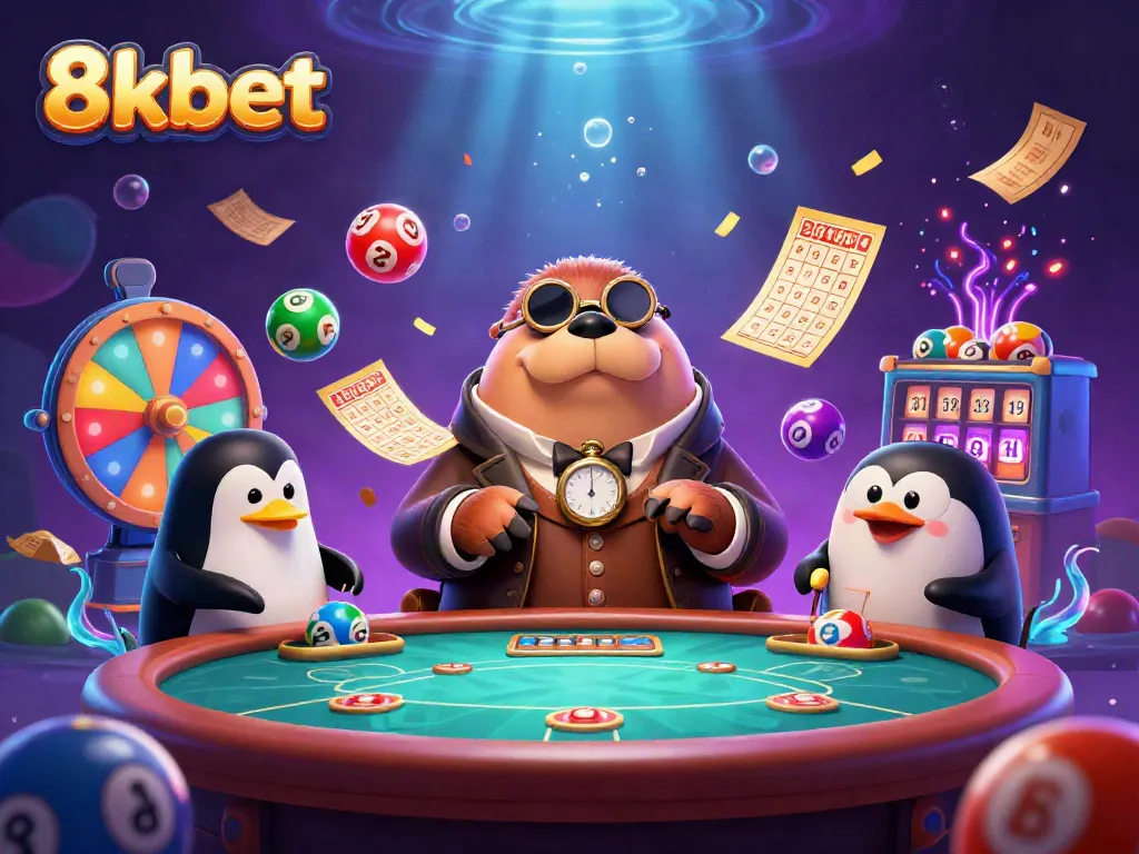 Join the fun at 8xbet's underwater poker table with a jolly walrus, sophisticated penguin dealer, and clever pufferfish.