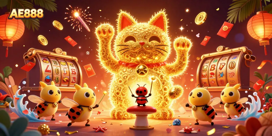 Engage with the vibrant world of AE888 featuring a lucky cat and dynamic casino symbols.