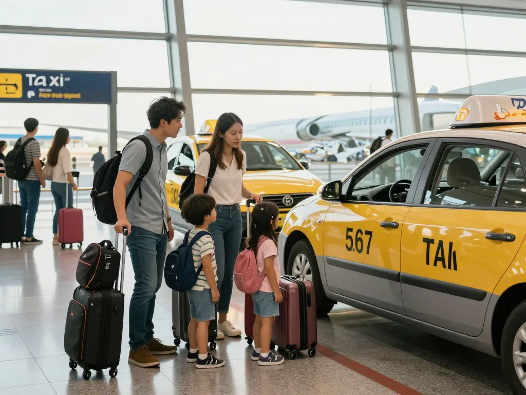 Family discussing 5,6,7,8 seater taxi options for airport transfer at busy city airport.