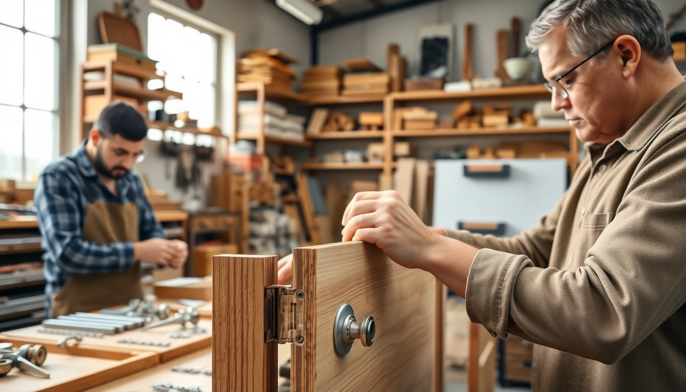Skilled craftsmen working on furniture hardware manufacturers in a well-lit workshop.