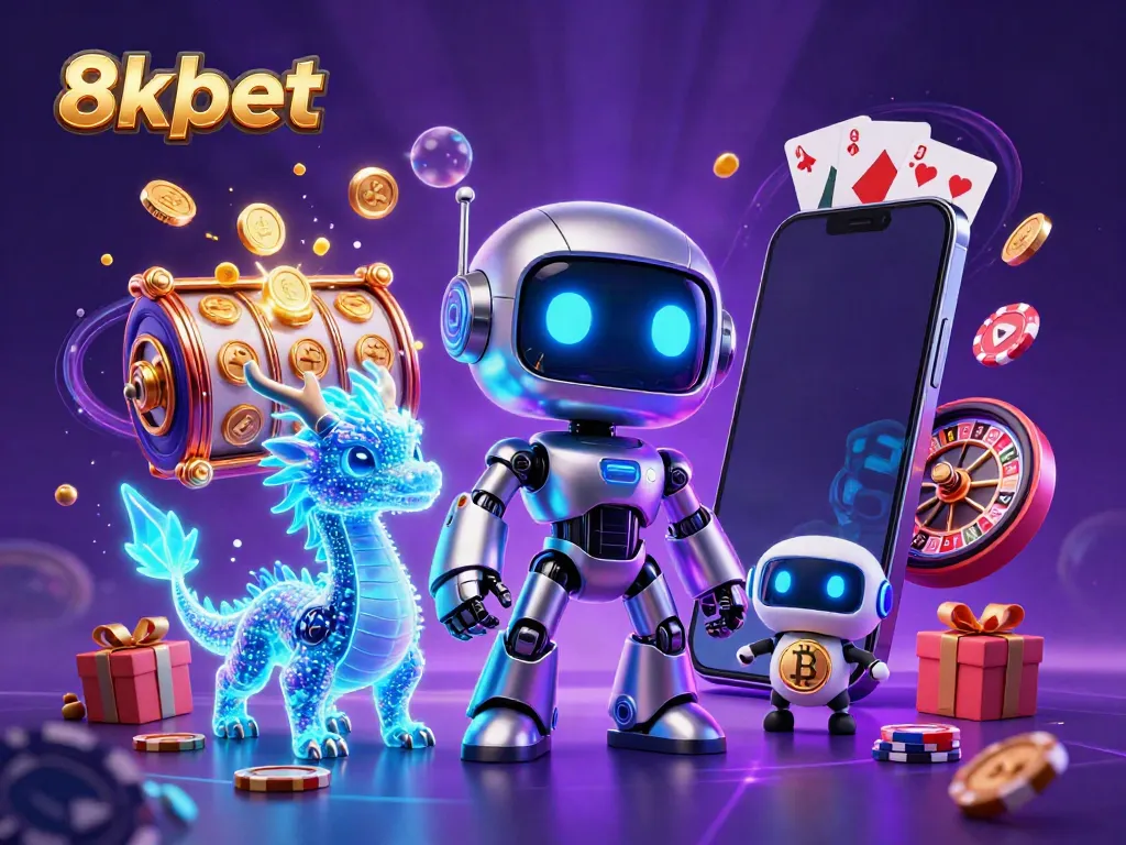Experience thrilling slot gaming with the dynamic 8xbet robot mascot and holographic AI dragon.