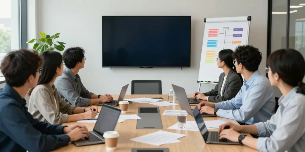 Team collaboration during a business enquiry meeting in a modern conference room.
