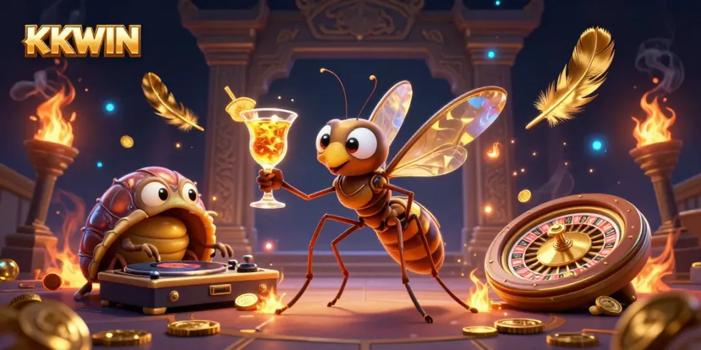 Engage with the vibrant KKWIN casino world featuring a dynamic scene of characters celebrating with golden elements.