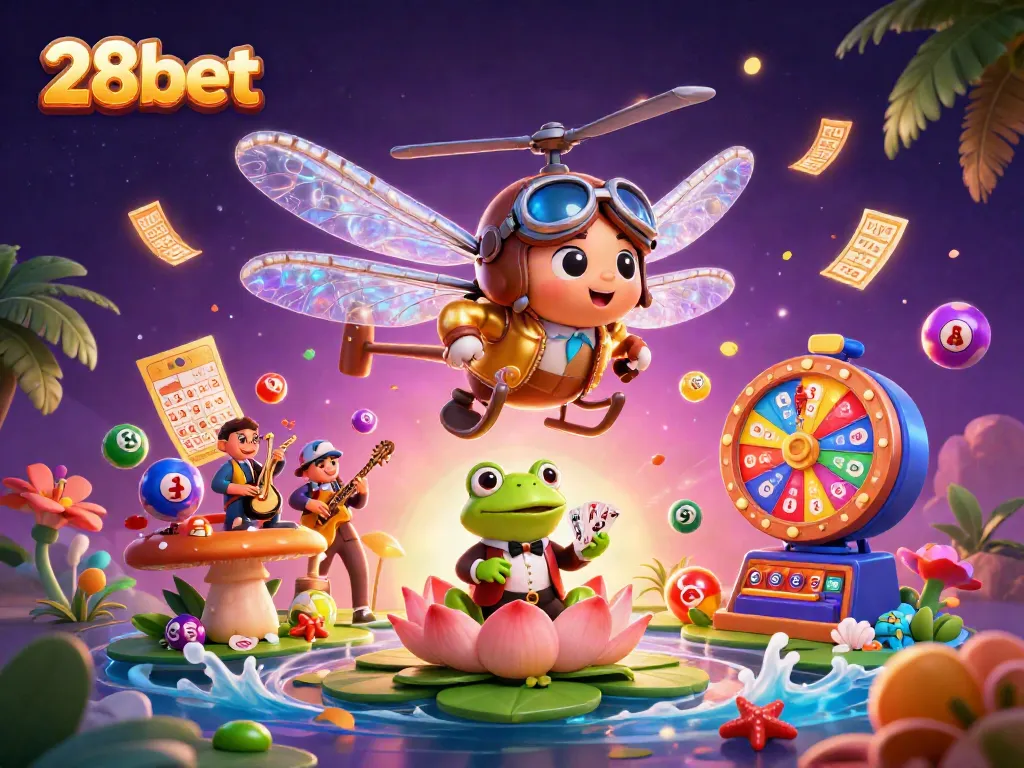 Engage with thrilling games at 28bet, where a colorful casino scene buzzes with excitement and activity.