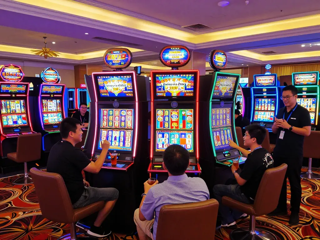 Engaged players celebrating wins at Slot Malaysia casino machines in a lively atmosphere