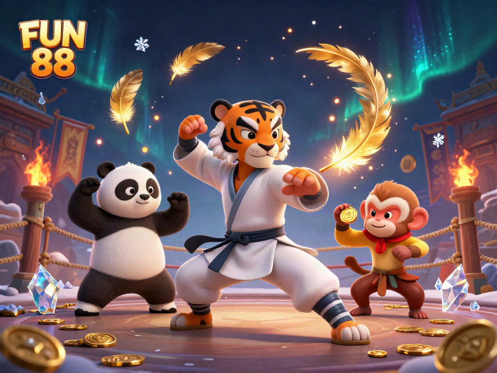 Experience the excitement of FUN 88 with a kung fu tiger master demonstrating skills surrounded by gold tokens and vibrant energy.